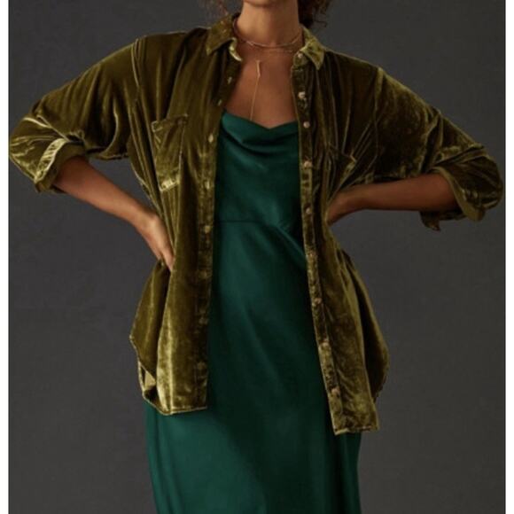 Pilcro Anthropologie Relaxed Velvet Green Mustard Buttondown Shirt Sz M - Picture 2 of 13